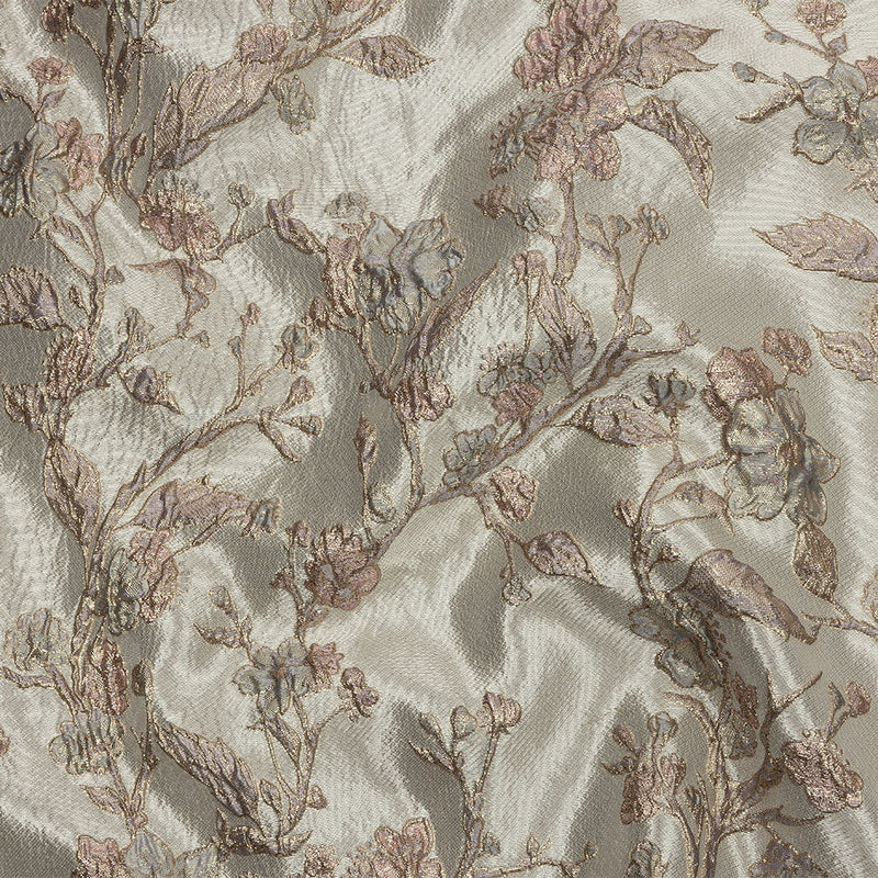 Metallic Gray, Gold and Bubblegum Pink Flowering Vines Luxury Brocade