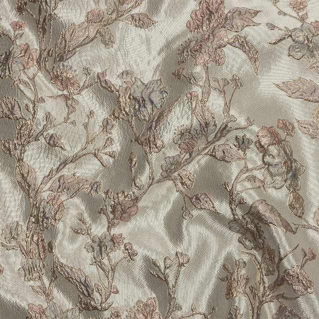Metallic Gray, Gold and Bubblegum Pink Flowering Vines Luxury Brocade