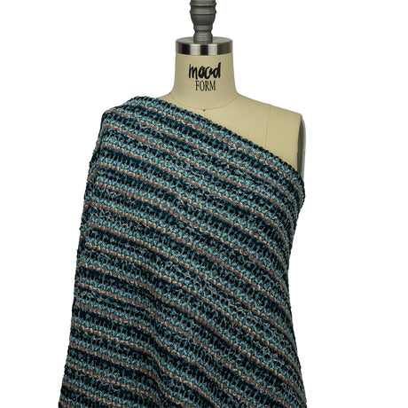 Baby Blue, Pinkish Beige and Navy Boucle Stripes Chunky Wool Blend Sweater Knit