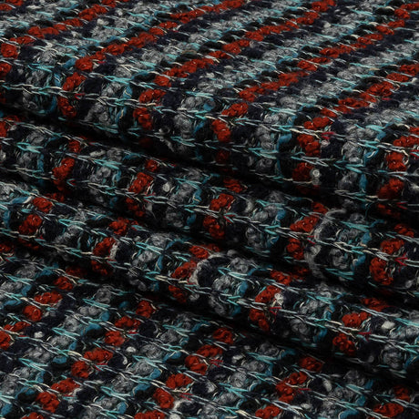 Burnt Orange, Gray and Blue Striped Chunky Wool Blend Boucle Sweater Knit
