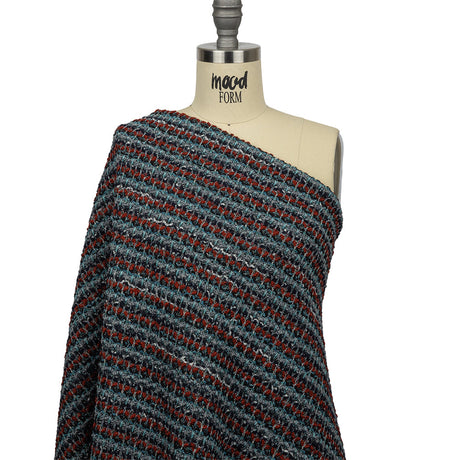 Burnt Orange, Gray and Blue Striped Chunky Wool Blend Boucle Sweater Knit