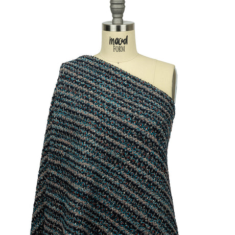 Pinkish Beige, Navy and Sea Blue Striped Chunky Wool Blend Boucle Sweater Knit