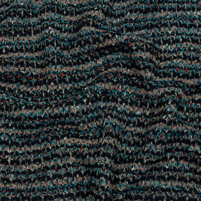 Pinkish Beige, Navy and Sea Blue Striped Chunky Wool Blend Boucle Sweater Knit