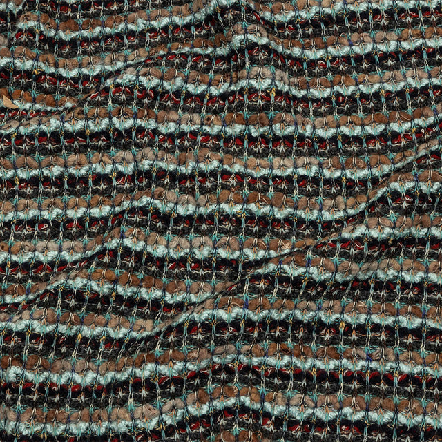 Tan, Baby Blue and Red Striped Chunky Boucle Sweater Knit