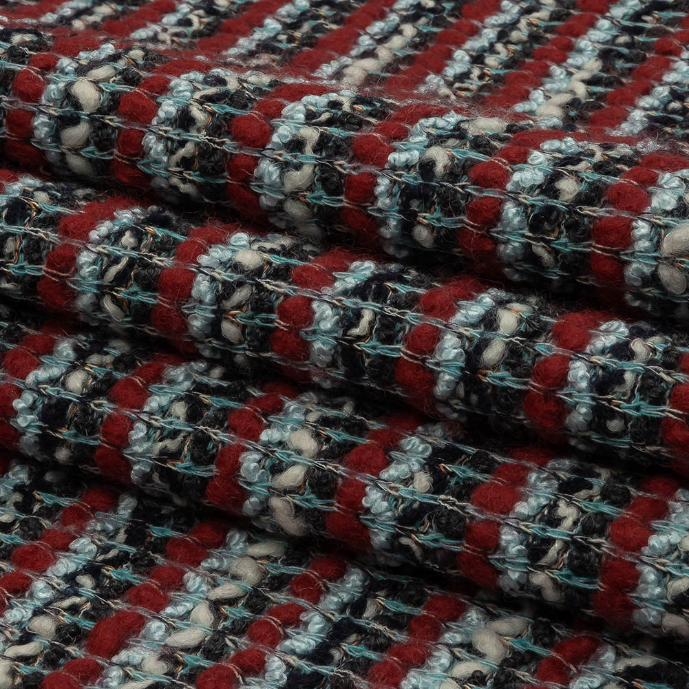 Red, Baby Blue and Charcoal Striped Chunky Wool Blend Boucle Sweater Knit
