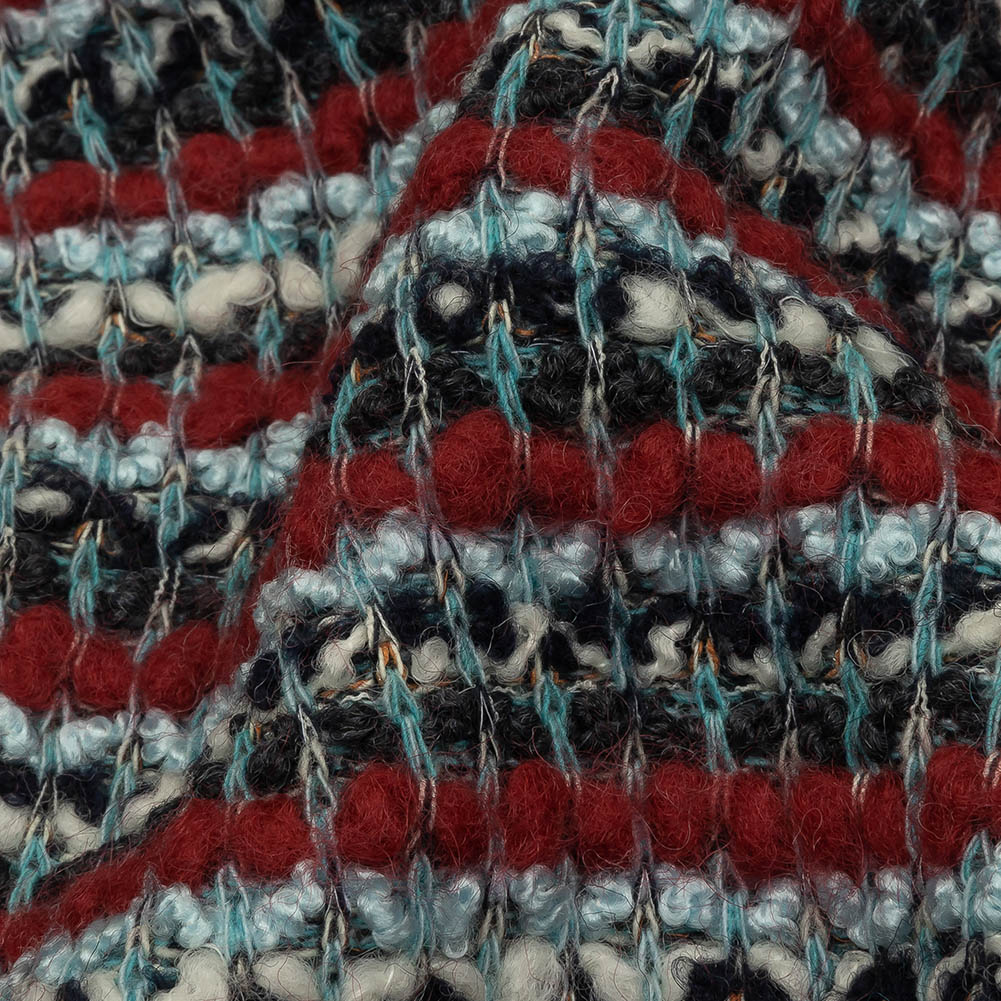 Red, Baby Blue and Charcoal Striped Chunky Wool Blend Boucle Sweater Knit