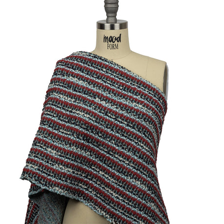 Red, Baby Blue and Charcoal Striped Chunky Wool Blend Boucle Sweater Knit