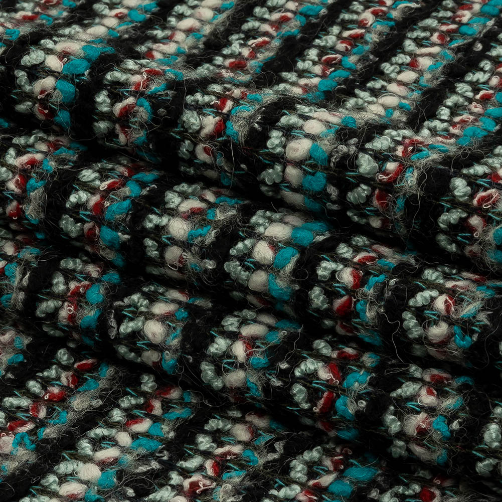 Turquoise, Charcoal and Red Boucle Stripes Chunky Wool Blend Sweater Knit
