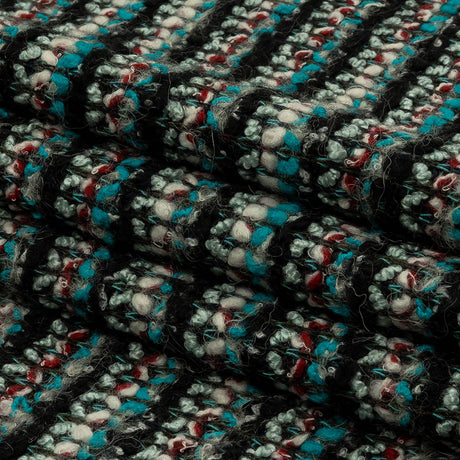 Turquoise, Charcoal and Red Boucle Stripes Chunky Wool Blend Sweater Knit