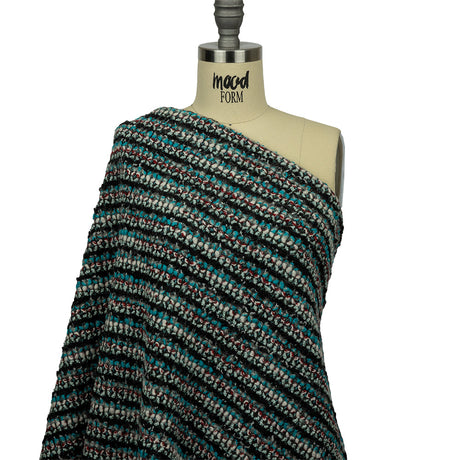 Turquoise, Charcoal and Red Boucle Stripes Chunky Wool Blend Sweater Knit