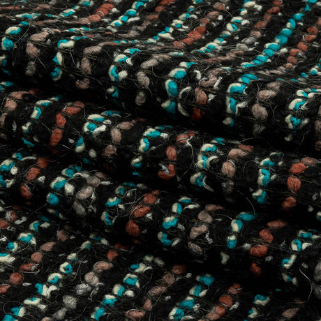 Russet, Turquoise and Black Boucle Stripes Chunky Wool Blend Sweater Knit