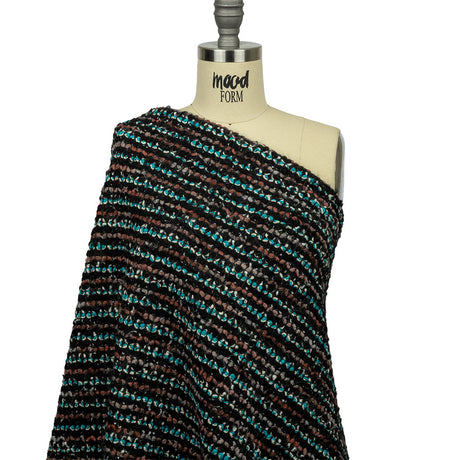 Russet, Turquoise and Black Boucle Stripes Chunky Wool Blend Sweater Knit