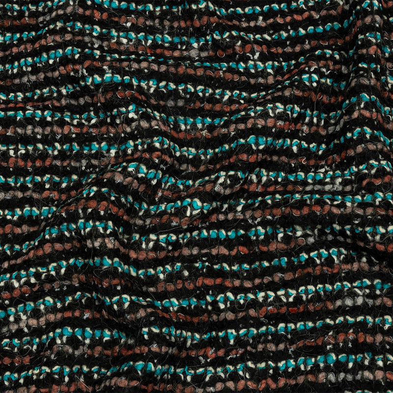 Russet, Turquoise and Black Boucle Stripes Chunky Wool Blend Sweater Knit