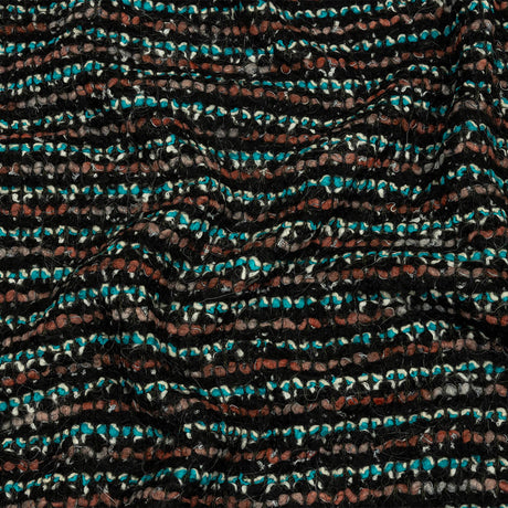 Russet, Turquoise and Black Boucle Stripes Chunky Wool Blend Sweater Knit