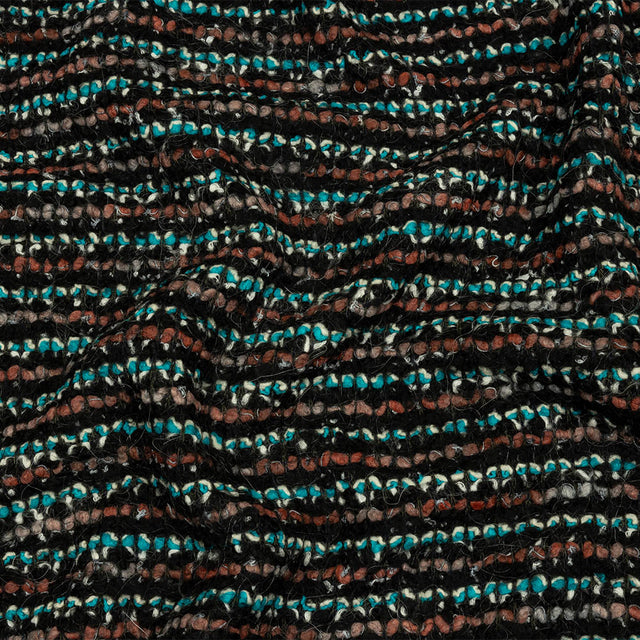 Russet, Turquoise and Black Boucle Stripes Chunky Wool Blend Sweater Knit