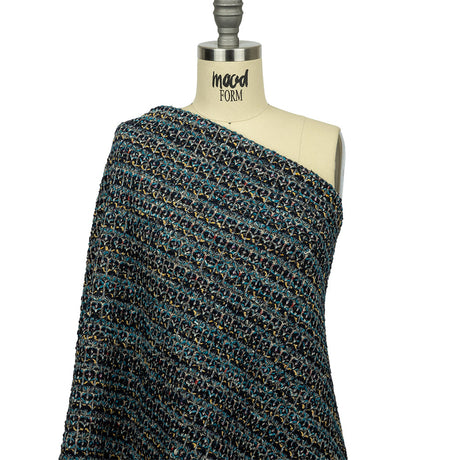 Teal, Yellow and Navy Boucle Stripes Chunky Wool Blend Sweater Knit