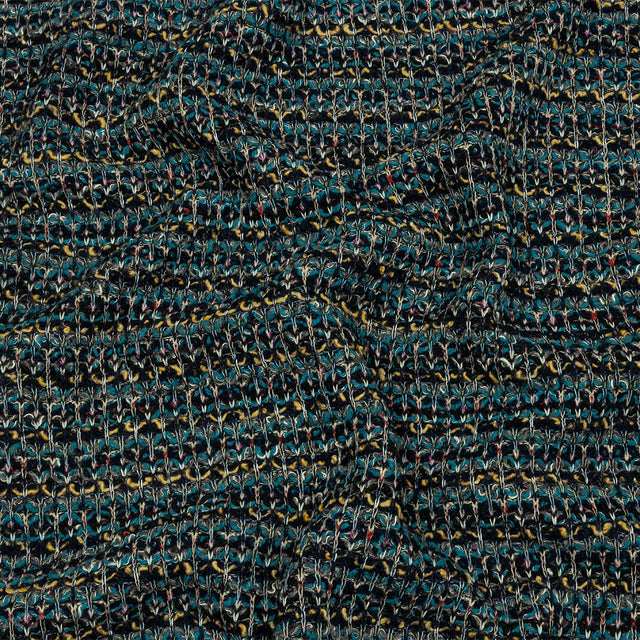 Teal, Yellow and Navy Boucle Stripes Chunky Wool Blend Sweater Knit