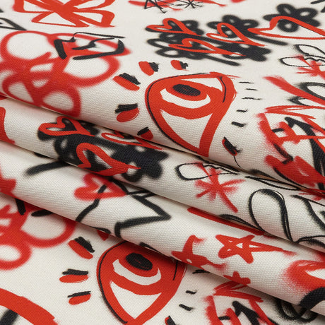 Stretch Cotton Canvas - Red and Black Graffiti Doodles - Spontaneous Collaboration Print - Mood Exclusive Metro Collection