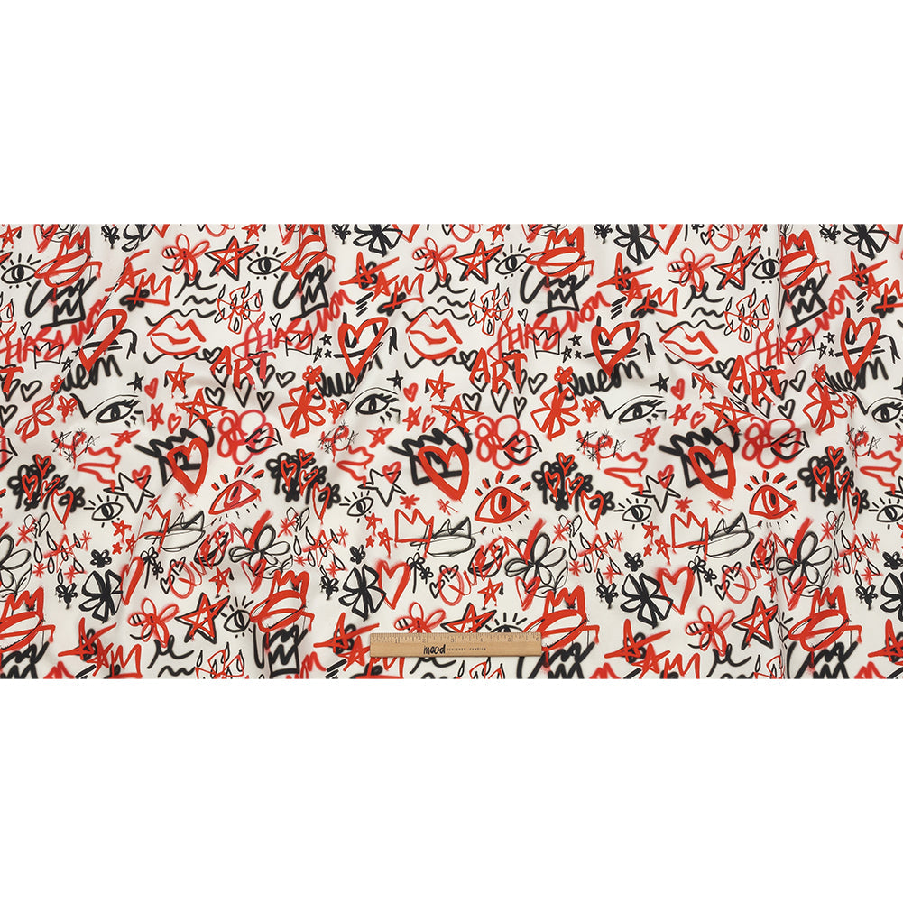 Stretch Cotton Canvas - Red and Black Graffiti Doodles - Spontaneous Collaboration Print - Mood Exclusive Metro Collection