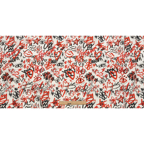 Stretch Cotton Canvas - Red and Black Graffiti Doodles - Spontaneous Collaboration Print - Mood Exclusive Metro Collection