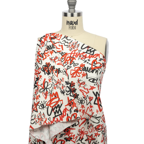 Stretch Cotton Canvas - Red and Black Graffiti Doodles - Spontaneous Collaboration Print - Mood Exclusive Metro Collection