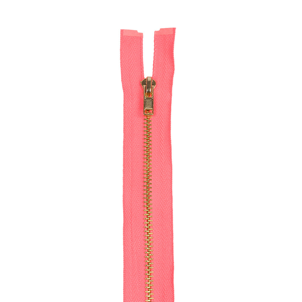Neon Coral and Gold T3 Open End Metal Zipper - 36"