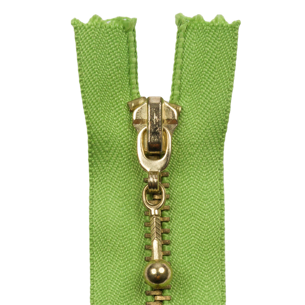 Lime and Antique Gold T5 Closed End Metal Zipper with Decorative Pull - 3.5"
