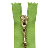 Lime and Antique Gold T5 Closed End Metal Zipper with Decorative Pull - 3.5"