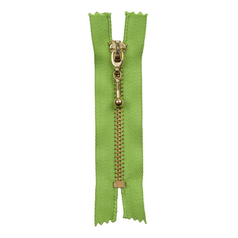 Lime and Antique Gold T5 Closed End Metal Zipper with Decorative Pull - 3.5"