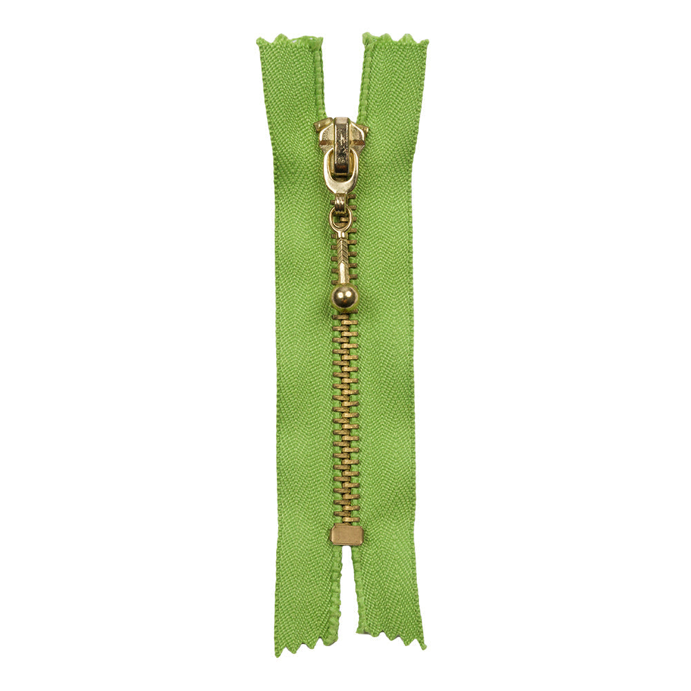 Lime and Antique Gold T5 Closed End Metal Zipper with Decorative Pull - 3.5"