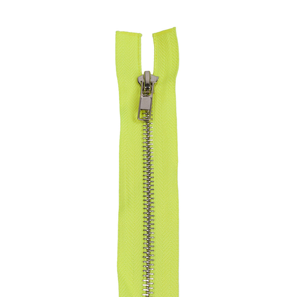 Neon Yellow and Silver T5 Open End Metal Zipper with Two Pulls - 36"