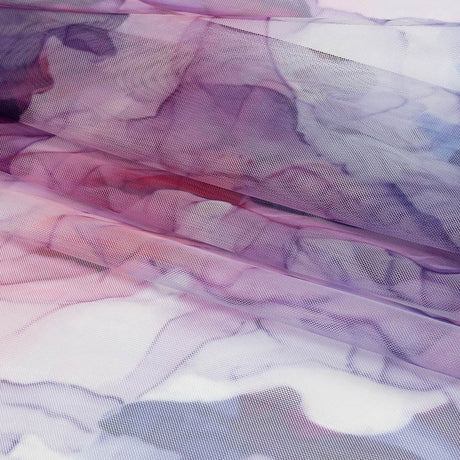 Dark Pink, Purple and Blue Abstract Watercolor Printed Tulle