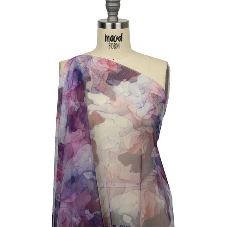 Dark Pink, Purple and Blue Abstract Watercolor Printed Tulle
