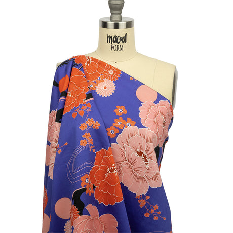 Stretch Cotton Sateen - Blue and Pink Floral - Japanese Daydreams Print - Mood Exclusive Groove Collection