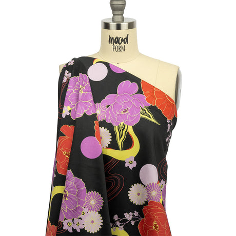 Stretch Cotton Sateen - Black, Red and Purple Floral - Japanese Daydreams Print - Mood Exclusive Groove Collection