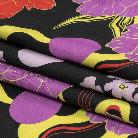 Stretch Cotton Sateen - Black, Red and Purple Floral - Japanese Daydreams Print - Mood Exclusive Groove Collection