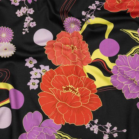 Stretch Cotton Sateen - Black, Red and Purple Floral - Japanese Daydreams Print - Mood Exclusive Groove Collection