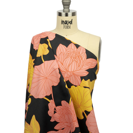 Stretch Cotton Sateen - Black, Pink and Yellow Floral - Valley of Lilies Print - Mood Exclusive Groove Collection