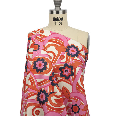Stretch Cotton Sateen - Pink Winding Lines and Flowers - Bloom the Beat Print - Mood Exclusive Groove Collection