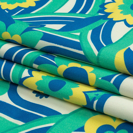 Stretch Cotton Sateen - Blue Winding Lines and Flowers - Bloom the Beat Print - Mood Exclusive Groove Collection