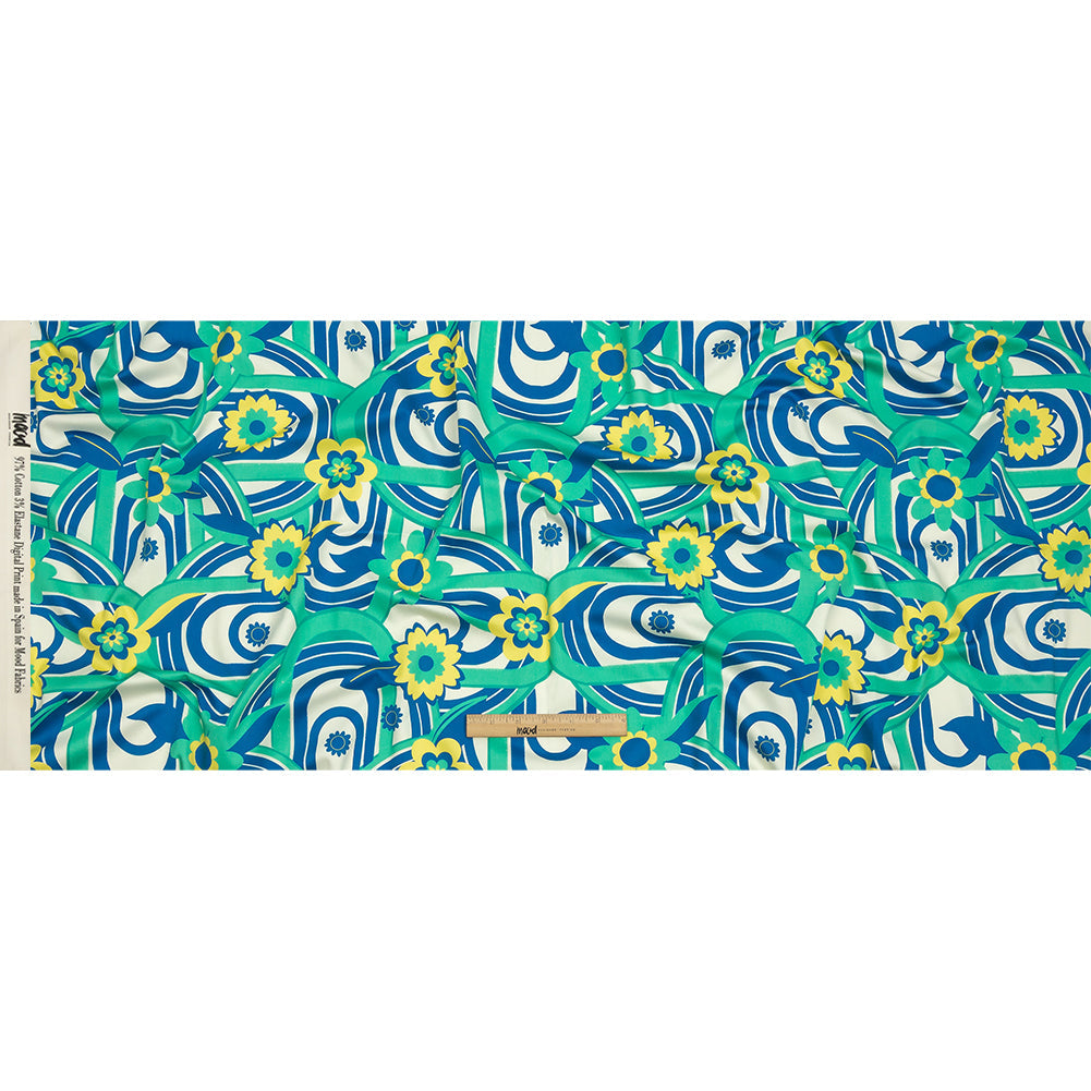 Stretch Cotton Sateen - Blue Winding Lines and Flowers - Bloom the Beat Print - Mood Exclusive Groove Collection