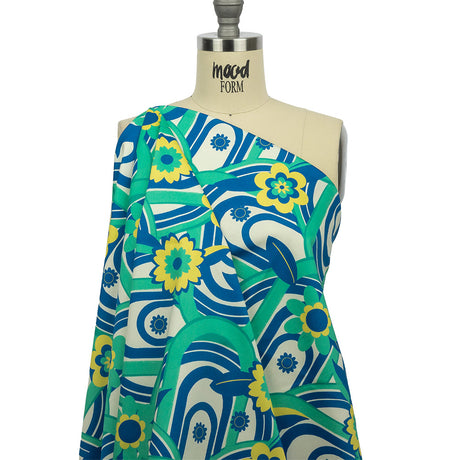 Stretch Cotton Sateen - Blue Winding Lines and Flowers - Bloom the Beat Print - Mood Exclusive Groove Collection