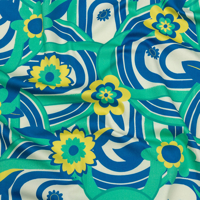 Stretch Cotton Sateen - Blue Winding Lines and Flowers - Bloom the Beat Print - Mood Exclusive Groove Collection