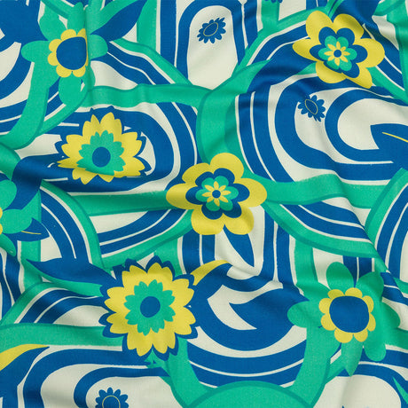 Stretch Cotton Sateen - Blue Winding Lines and Flowers - Bloom the Beat Print - Mood Exclusive Groove Collection