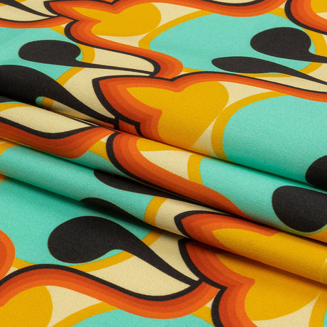 Stretch Cotton Sateen - Blue and Orange Abstract - Bohemian Bells Print - Mood Exclusive Groove Collection
