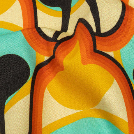 Stretch Cotton Sateen - Blue and Orange Abstract - Bohemian Bells Print - Mood Exclusive Groove Collection