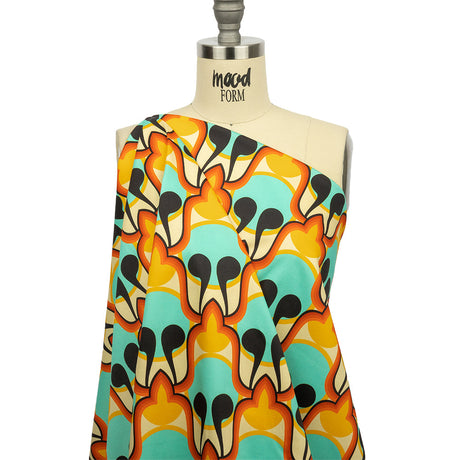 Stretch Cotton Sateen - Blue and Orange Abstract - Bohemian Bells Print - Mood Exclusive Groove Collection