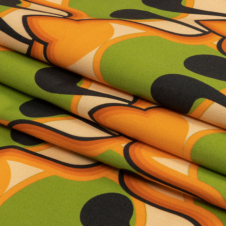 Stretch Cotton Sateen - Green and Orange Abstract - Bohemian Bells Print - Mood Exclusive Groove Collection
