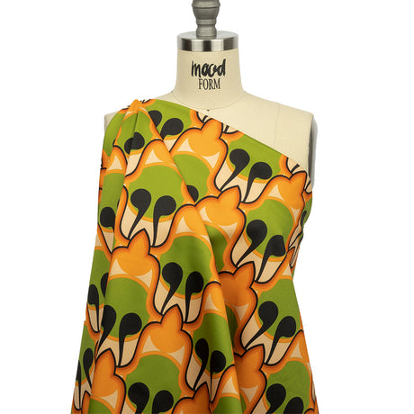 Stretch Cotton Sateen - Green and Orange Abstract - Bohemian Bells Print - Mood Exclusive Groove Collection