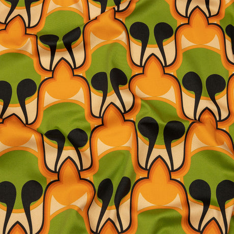 Stretch Cotton Sateen - Green and Orange Abstract - Bohemian Bells Print - Mood Exclusive Groove Collection